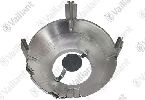Metallisches Bauteil von Vaillant mit kreisförmigem Design und mehreren Halteklammern. Sieht aus wie eine Strömungssicherung zur Anwendung in Heizsystemen.